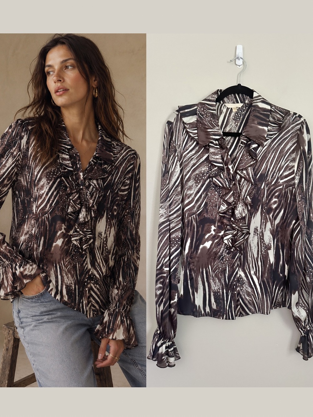 St. John Couture Silk Ruffle Blouse 12 Brown Animal Print Boho Maximalist Fall